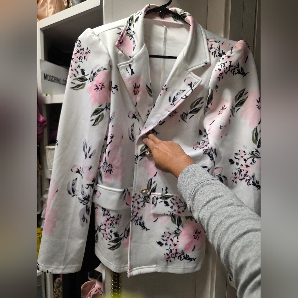 Floral Women's Blazer - Pink and White